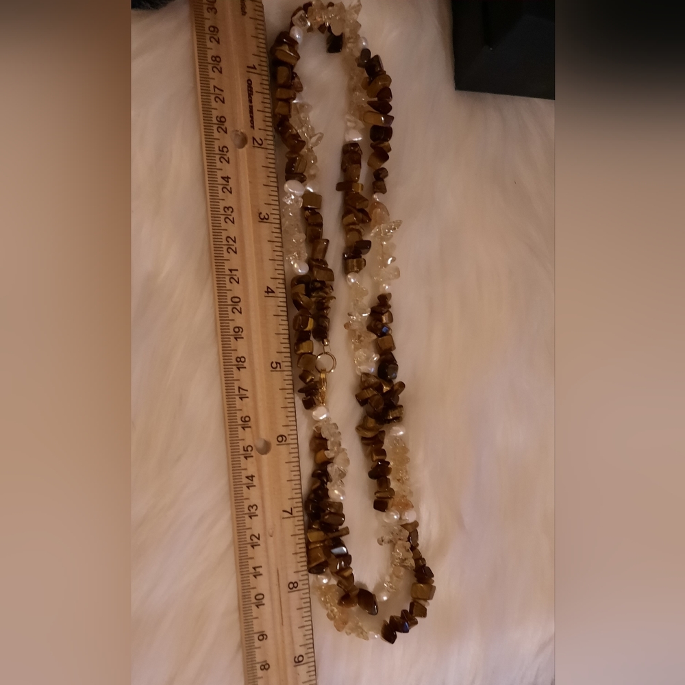 pearl, citrine Tigers eye gemstone nugget Chip necklace EUC goldtone clasp - Picture 11 of 14